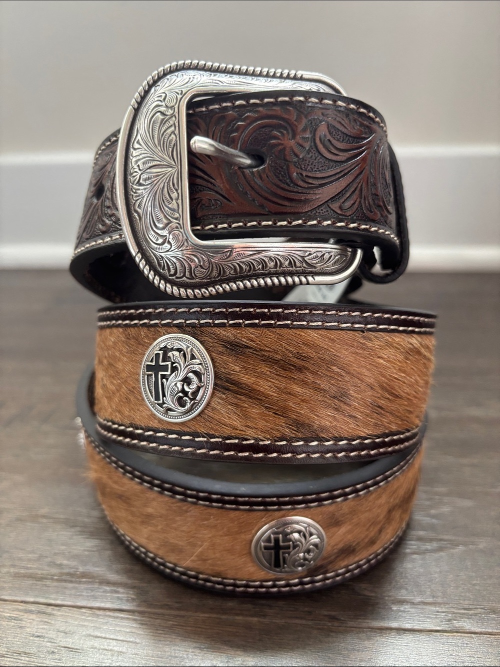 3D Belt Co.Genuine Leather,tooled,calf hair,cross concho,removable silver buckle